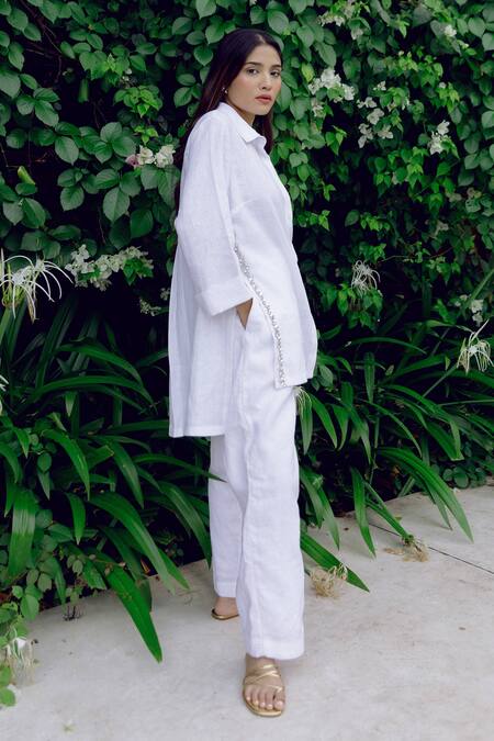 Buy_Kavya Singh Kundu_White Linen, Handloom Cotton Crystals Jayne Handwoven Shirt With Trouser _Online_at_Aza_Fashions
