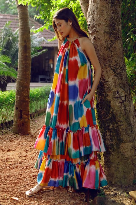 Buy Kavya Singh Kundu Multi Color Silk Round Neck Lana Handwoven Mulberry Dress Online at Aza Fashions Buy_Kavya Singh Kundu_Multi Color Silk Round Neck Lana Handwoven Mulberry Dress _Online_at_Aza_Fashions