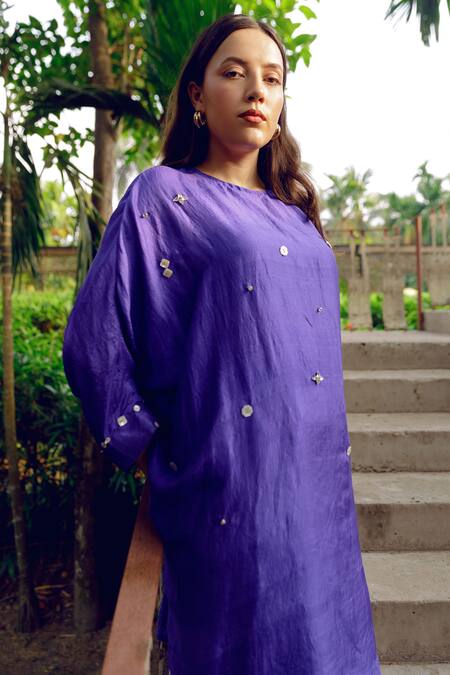 Buy_Kavya Singh Kundu_Purple Silk Crystals, Embroidery, Lorde Handwoven Mulberry Tunic With Trouser _Online_at_Aza_Fashions