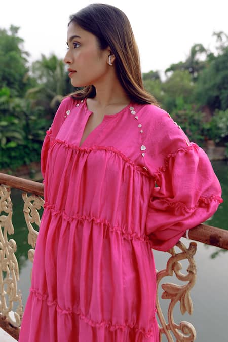 Kavya Singh Kundu_Pink Silk Rhinestones Round Neck Mariana Handwoven Mulberry Dress _Online_at_Aza_Fashions