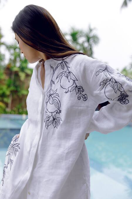 Buy_Kavya Singh Kundu_White Handloom Cotton Beads Collared Pam Handwoven Linen Shirt With Shorts _Online_at_Aza_Fashions