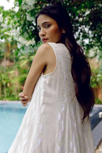 Buy_Kavya Singh Kundu_White , Handloom Embroidery Round Sienne Handwoven Mulmul Dress _Online_at_Aza_Fashions