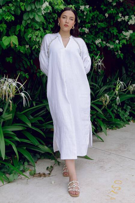 Kavya Singh Kundu_White Linen Crystals V-neck Stella Handwoven Dress _Online_at_Aza_Fashions