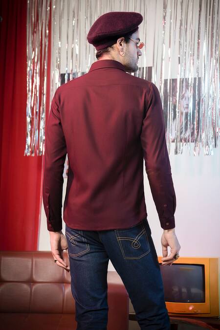 Shop_Abkasa_Maroon Polyester, Viscose Locket Pleated Yoke Shirt _at_Aza_Fashions