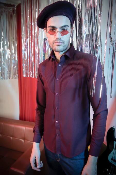 Abkasa_Maroon Polyester, Viscose Locket Pleated Yoke Shirt _Online_at_Aza_Fashions