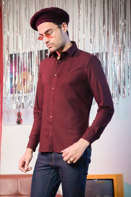 Abkasa_Maroon Polyester, Viscose Locket Pleated Yoke Shirt _at_Aza_Fashions