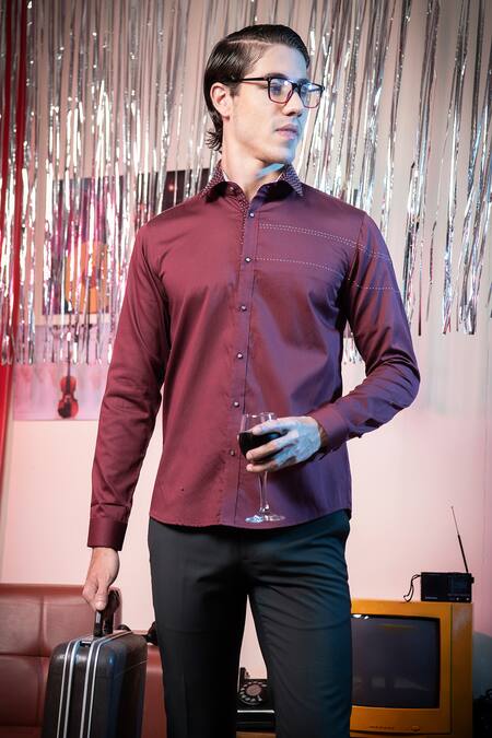 Abkasa_Maroon Cotton Embroidery Cupcake Button Down Shirt _Online_at_Aza_Fashions
