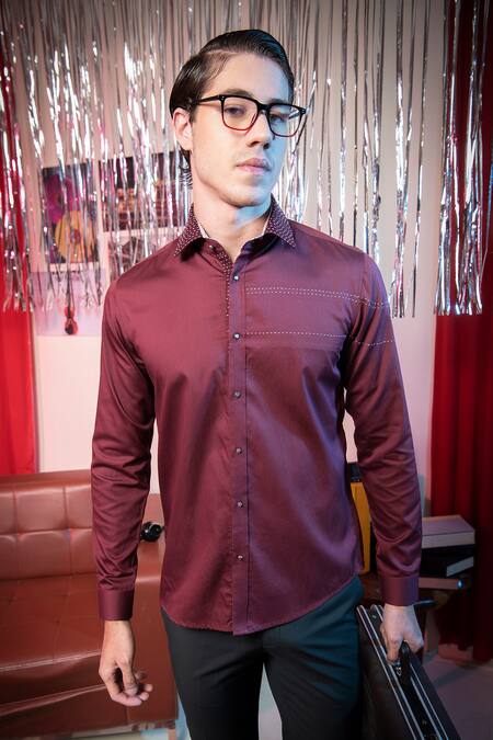 Shop_Abkasa_Maroon Cotton Embroidery Cupcake Button Down Shirt _Online_at_Aza_Fashions