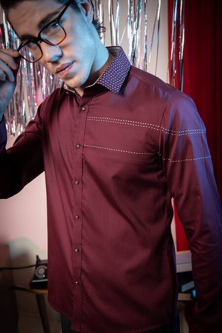 Abkasa_Maroon Cotton Embroidery Cupcake Button Down Shirt _at_Aza_Fashions