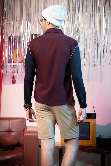 Shop_Abkasa_Maroon Polyester, Viscose Console Color Block Shirt _at_Aza_Fashions