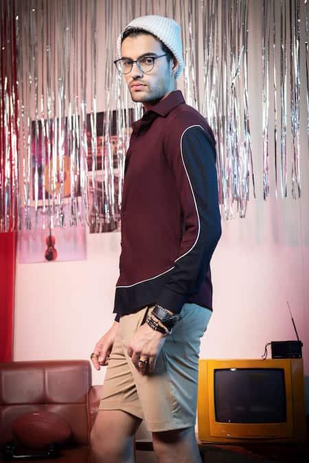 Abkasa_Maroon Polyester, Viscose Console Color Block Shirt _at_Aza_Fashions
