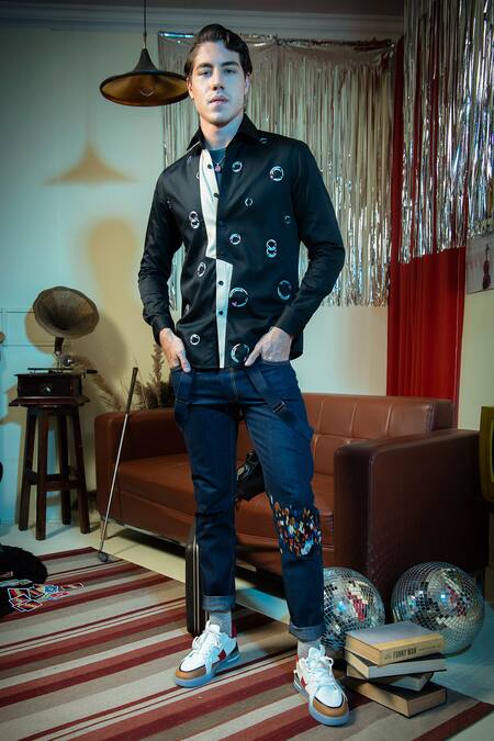 Abkasa Black Cotton Embroidery Pinball Bubble Pattern Shirt