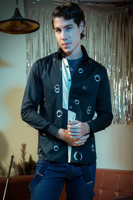 Buy_Abkasa_Black Cotton Embroidery Pinball Bubble Pattern Shirt_Online_at_Aza_Fashions