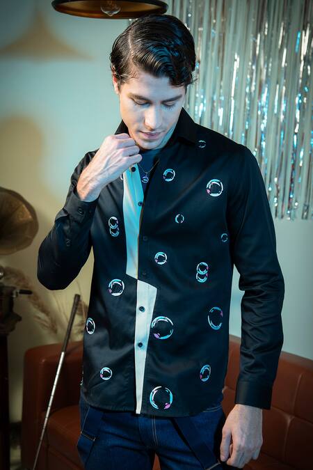 Shop_Abkasa_Black Cotton Embroidery Pinball Bubble Pattern Shirt_Online_at_Aza_Fashions