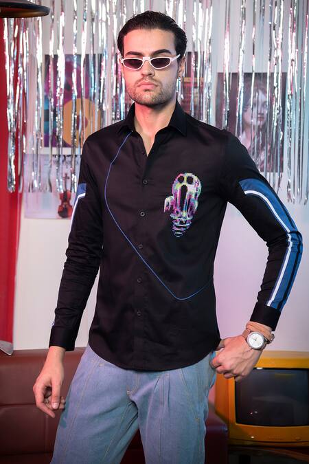 Buy Abkasa Black Cotton Embroidery Botany Placement Shirt Online at Aza Fashions Buy_Abkasa_Black Cotton Embroidery Botany Placement Shirt _Online_at_Aza_Fashions