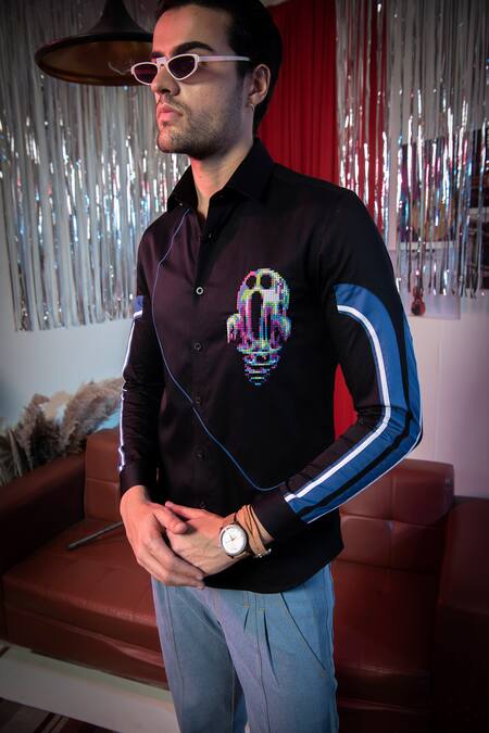 Shop Abkasa Black Cotton Embroidery Botany Placement Shirt Online at Aza Fashions Shop_Abkasa_Black Cotton Embroidery Botany Placement Shirt _Online_at_Aza_Fashions