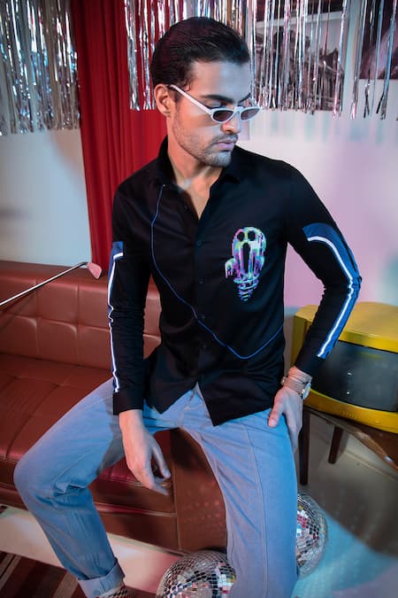 Abkasa Black Cotton Embroidery Botany Placement Shirt at Aza Fashions Abkasa_Black Cotton Embroidery Botany Placement Shirt _at_Aza_Fashions