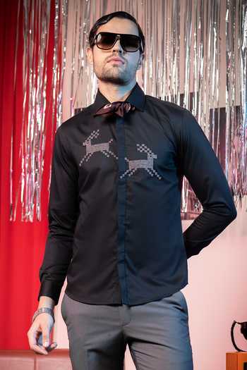 Abkasa_Black Cotton Beads Pixel Placement Embroidered Shirt _Online_at_Aza_Fashions