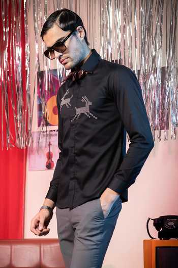 Buy_Abkasa_Black Cotton Beads Pixel Placement Embroidered Shirt _Online_at_Aza_Fashions