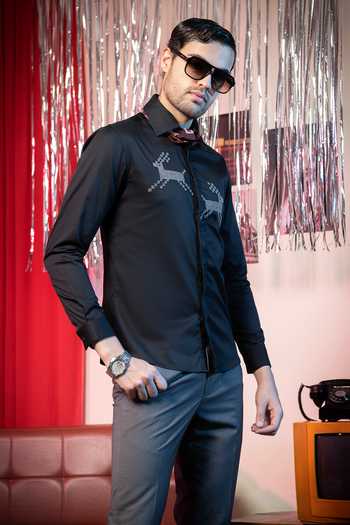 Shop_Abkasa_Black Cotton Beads Pixel Placement Embroidered Shirt _Online_at_Aza_Fashions