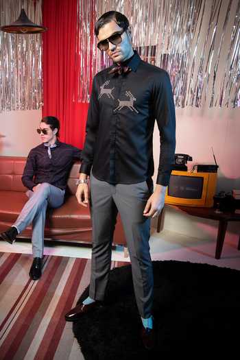 Abkasa_Black Cotton Beads Pixel Placement Embroidered Shirt _at_Aza_Fashions