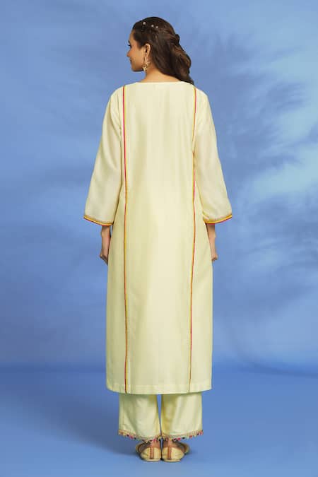 Shop OMI Yellow Silk, Chanderi, Chiffon Mirrors, Embroidery Split V-neck Kurta Pant Set at Aza Fashions Shop_OMI_Yellow Silk, Chanderi, Chiffon Mirrors, Embroidery Split V-neck Kurta Pant Set _at_Aza_Fashions