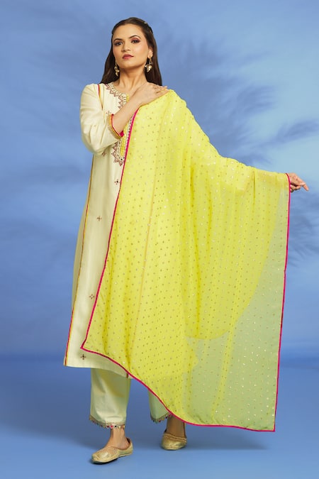 Buy OMI Yellow Silk, Chanderi, Chiffon Mirrors, Embroidery Split V-neck Kurta Pant Set Online at Aza Fashions Buy_OMI_Yellow Silk, Chanderi, Chiffon Mirrors, Embroidery Split V-neck Kurta Pant Set _Online_at_Aza_Fashions