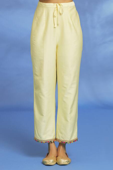 OMI Yellow Silk, Chanderi, Chiffon Mirrors, Embroidery Split V-neck Kurta Pant Set at Aza Fashions OMI_Yellow Silk, Chanderi, Chiffon Mirrors, Embroidery Split V-neck Kurta Pant Set _at_Aza_Fashions