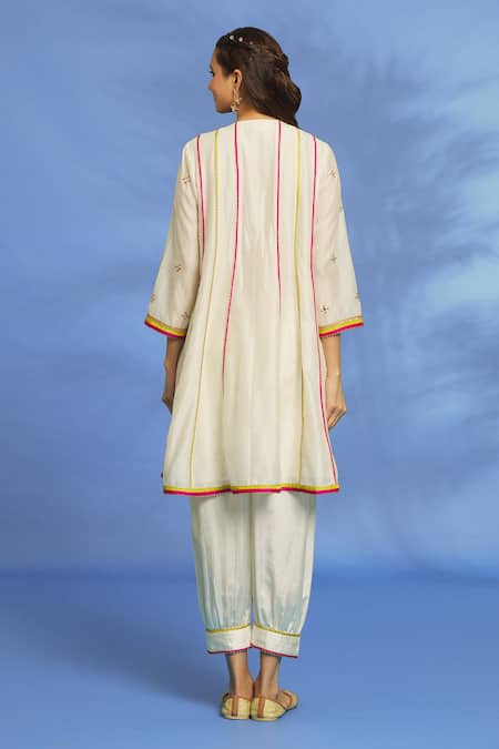 Shop_OMI_White Silk, Chanderi Embroidery, Mirrors Split Hand Anarkali Dhoti Pant Set _at_Aza_Fashions