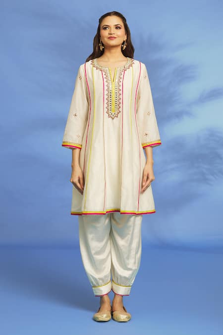 OMI_White Silk, Chanderi Embroidery, Mirrors Split Hand Anarkali Dhoti Pant Set _Online_at_Aza_Fashions