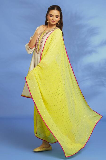 Buy_OMI_White Silk, Chanderi Embroidery, Mirrors Split Hand Anarkali Dhoti Pant Set _Online_at_Aza_Fashions