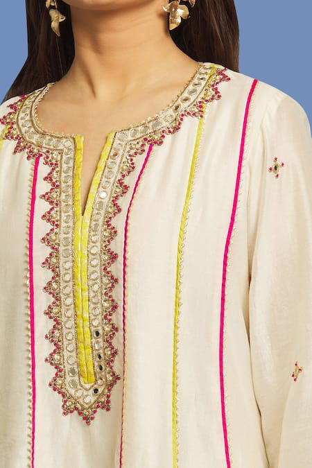 Shop_OMI_White Silk, Chanderi Embroidery, Mirrors Split Hand Anarkali Dhoti Pant Set _Online_at_Aza_Fashions