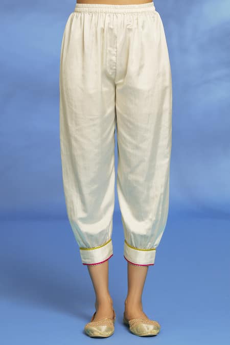 OMI_White Silk, Chanderi Embroidery, Mirrors Split Hand Anarkali Dhoti Pant Set _at_Aza_Fashions