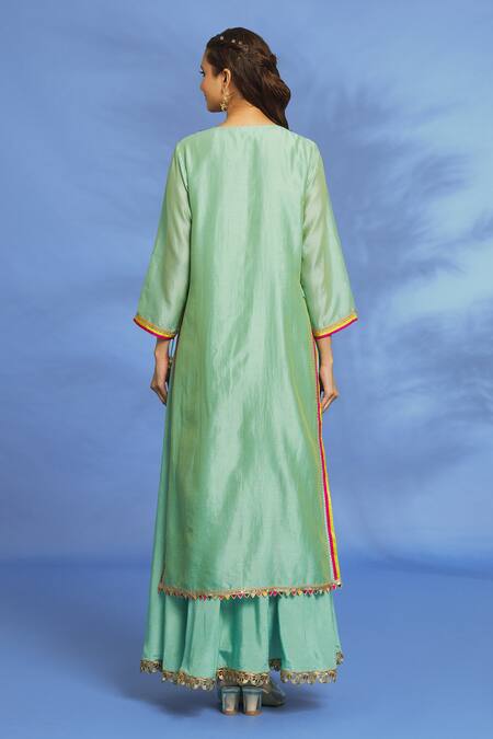 Shop OMI Blue Silk, Chanderi Embroidery, Mirrors Split V-neck Yoke Hand Tunic at Aza Fashions Shop_OMI_Blue Silk, Chanderi Embroidery, Mirrors Split V-neck Yoke Hand Tunic _at_Aza_Fashions