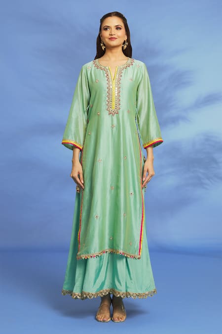 OMI Blue Silk, Chanderi Embroidery, Mirrors Split V-neck Yoke Hand Tunic Online at Aza Fashions OMI_Blue Silk, Chanderi Embroidery, Mirrors Split V-neck Yoke Hand Tunic _Online_at_Aza_Fashions