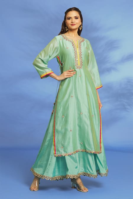 Buy OMI Blue Silk, Chanderi Embroidery, Mirrors Split V-neck Yoke Hand Tunic Online at Aza Fashions Buy_OMI_Blue Silk, Chanderi Embroidery, Mirrors Split V-neck Yoke Hand Tunic _Online_at_Aza_Fashions