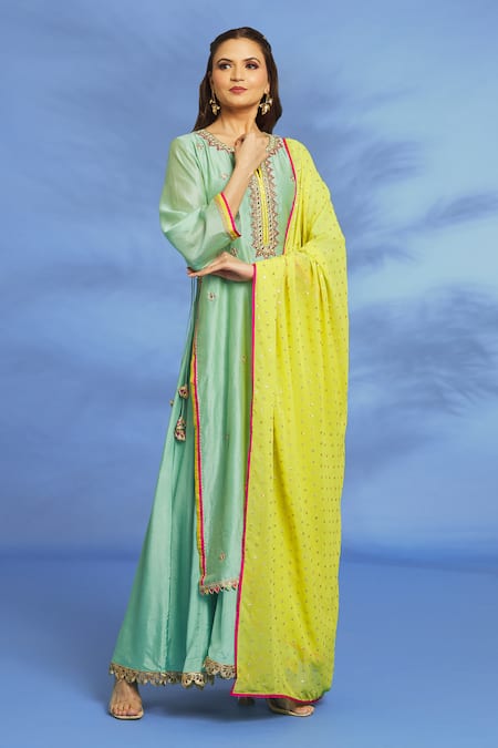 Shop OMI Blue Silk, Chanderi Embroidery, Mirrors Split V-neck Yoke Hand Tunic Online at Aza Fashions Shop_OMI_Blue Silk, Chanderi Embroidery, Mirrors Split V-neck Yoke Hand Tunic _Online_at_Aza_Fashions