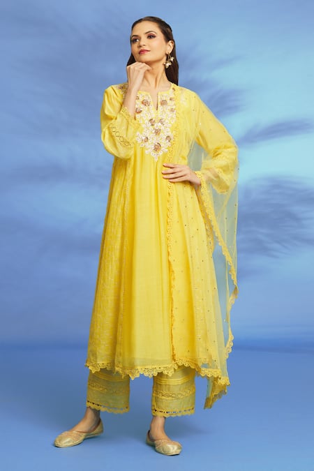 OMI Yellow Silk, Chanderi Embroidery, Mirrors Split V-neck Hand Anarkali Pant Set