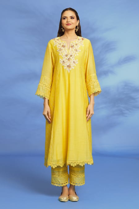 OMI Yellow Silk, Chanderi Embroidery, Mirrors Split V-neck Hand Anarkali Pant Set Online at Aza Fashions OMI_Yellow Silk, Chanderi Embroidery, Mirrors Split V-neck Hand Anarkali Pant Set _Online_at_Aza_Fashions