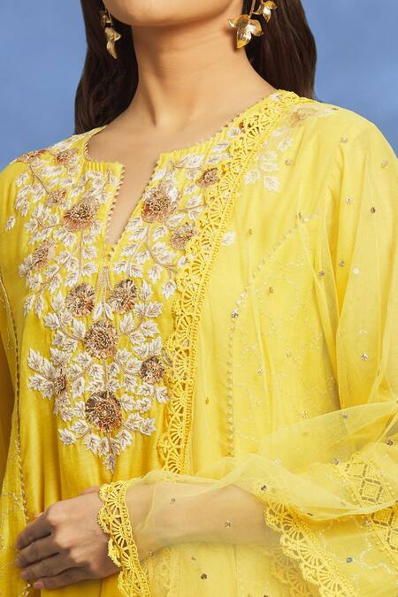 Buy OMI Yellow Silk, Chanderi Embroidery, Mirrors Split V-neck Hand Anarkali Pant Set Online at Aza Fashions Buy_OMI_Yellow Silk, Chanderi Embroidery, Mirrors Split V-neck Hand Anarkali Pant Set _Online_at_Aza_Fashions