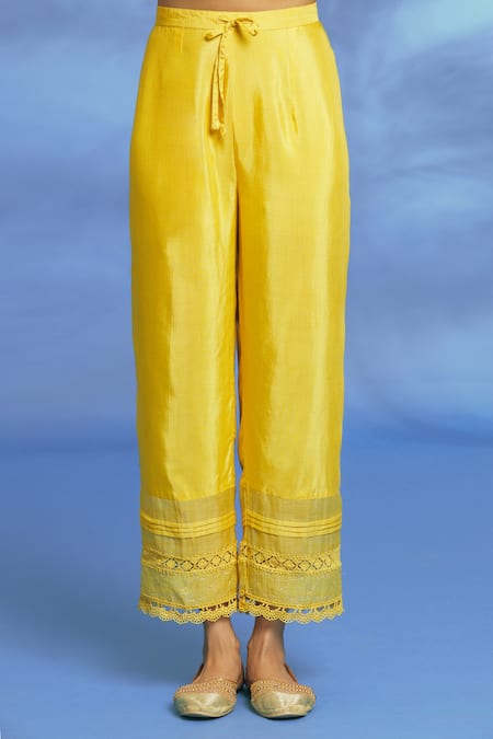 OMI Yellow Silk, Chanderi Embroidery, Mirrors Split V-neck Hand Anarkali Pant Set at Aza Fashions OMI_Yellow Silk, Chanderi Embroidery, Mirrors Split V-neck Hand Anarkali Pant Set _at_Aza_Fashions