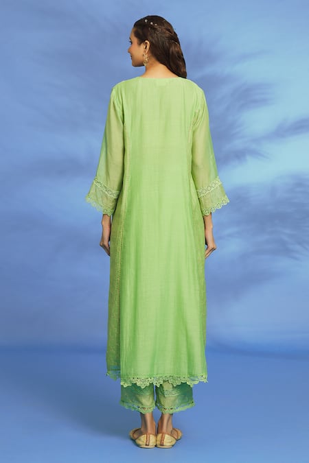 Shop_OMI_Green Silk, Chanderi Embroidery, Mirrors Split V-neck Hand Anarkali Set _at_Aza_Fashions