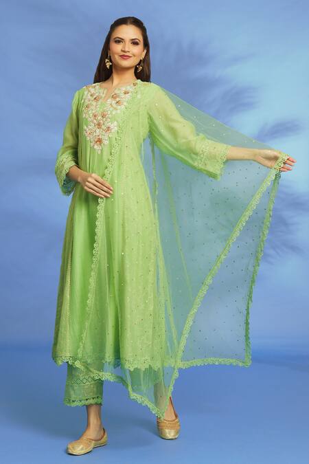 Buy_OMI_Green Silk, Chanderi Embroidery, Mirrors Split V-neck Hand Anarkali Set _Online_at_Aza_Fashions