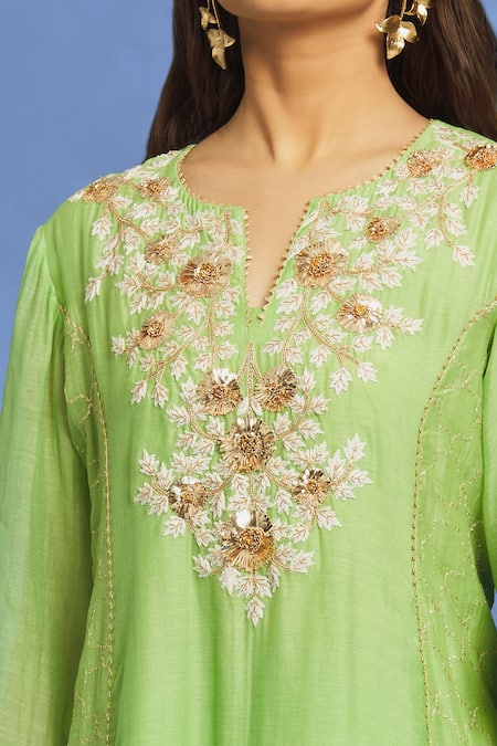 Shop_OMI_Green Silk, Chanderi Embroidery, Mirrors Split V-neck Hand Anarkali Set _Online_at_Aza_Fashions