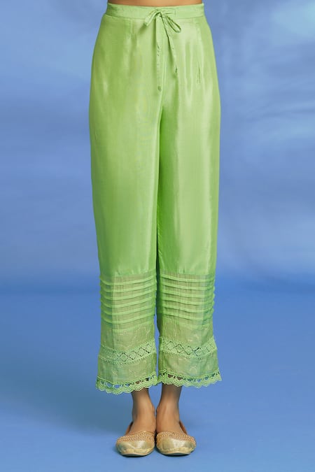 OMI_Green Silk, Chanderi Embroidery, Mirrors Split V-neck Hand Anarkali Set _at_Aza_Fashions