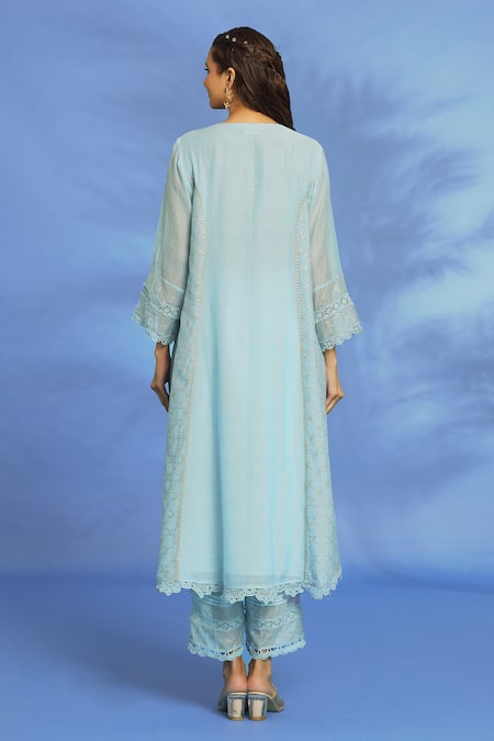 Shop OMI Blue Silk, Chanderi Embroidery, Mirrors Split V-neck Zari Anarkali Pant Set at Aza Fashions Shop_OMI_Blue Silk, Chanderi Embroidery, Mirrors Split V-neck Zari Anarkali Pant Set _at_Aza_Fashions