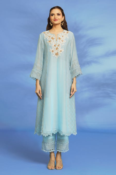 OMI Blue Silk, Chanderi Embroidery, Mirrors Split V-neck Zari Anarkali Pant Set at Aza Fashions OMI_Blue Silk, Chanderi Embroidery, Mirrors Split V-neck Zari Anarkali Pant Set _at_Aza_Fashions