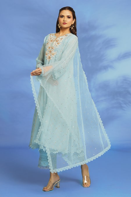 Buy OMI Blue Silk, Chanderi Embroidery, Mirrors Split V-neck Zari Anarkali Pant Set Online at Aza Fashions Buy_OMI_Blue Silk, Chanderi Embroidery, Mirrors Split V-neck Zari Anarkali Pant Set _Online_at_Aza_Fashions