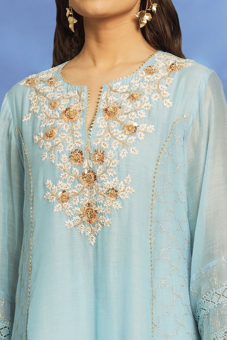 OMI Blue Silk, Chanderi Embroidery, Mirrors Split V-neck Zari Anarkali Pant Set Online at Aza Fashions OMI_Blue Silk, Chanderi Embroidery, Mirrors Split V-neck Zari Anarkali Pant Set _Online_at_Aza_Fashions