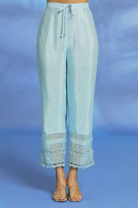 Shop OMI Blue Silk, Chanderi Embroidery, Mirrors Split V-neck Zari Anarkali Pant Set Online at Aza Fashions Shop_OMI_Blue Silk, Chanderi Embroidery, Mirrors Split V-neck Zari Anarkali Pant Set _Online_at_Aza_Fashions